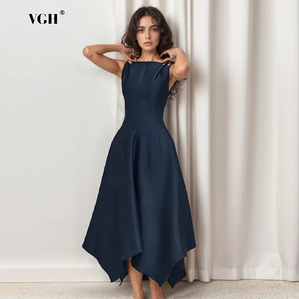 VGH Korean Fashion Black Dress For Women Square Collar Sleeveless High Waist Patchwork Bowknot Midi Dresses Female Clothes