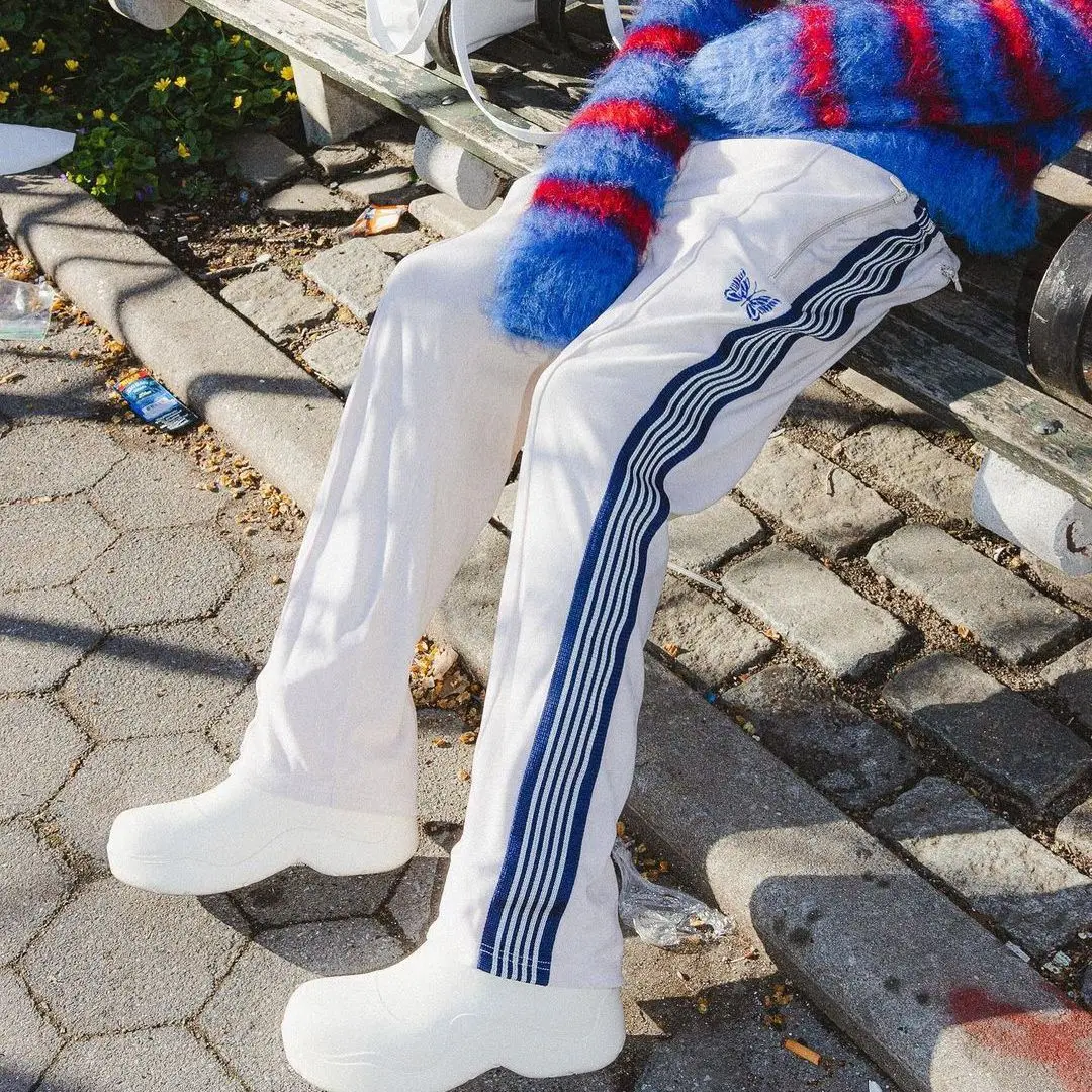 

Needles ssz Track Pants Velvet Butterfly Embroidery Retro Woven Ribbon Sports Casual Straight Leg Pants for Men and Women