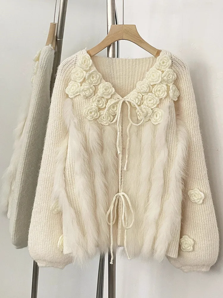 ZMEENNA Women's Red Knit Cardigan Floral Rose Applique Faux Fur Trim Tie Front Long Sleeve V-Neck Winter Outerwear ZM4207