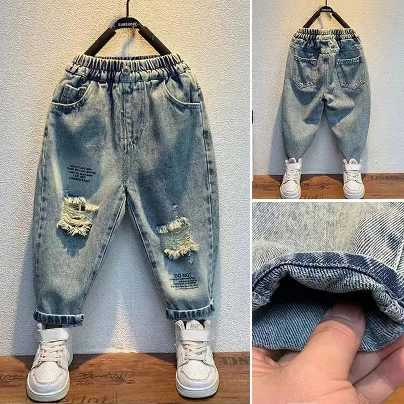 

1-11 Years Boys Hole Jeans Kids Loose Elastic Waist Denim Pants for Boys Letter Harem Trousers Toddler Baby Pant 4 5 6 7 8 9 10