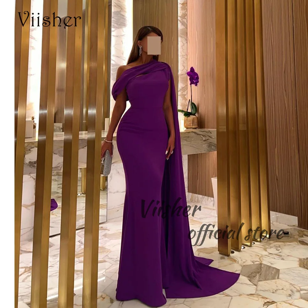 

Viisher Purple Mermaid Evening Dresses with Cape Mono Satin Tight Long Prom Party Dress Arabic Formal Evening Gowns