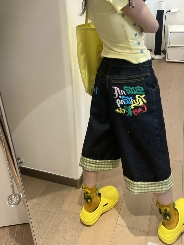 

Ретро-джинсы в стиле американского стритвира с клетчатыми вставками, удлиненные, летние, облегающие, с широкими штанинами, повседневные, свободного кроя