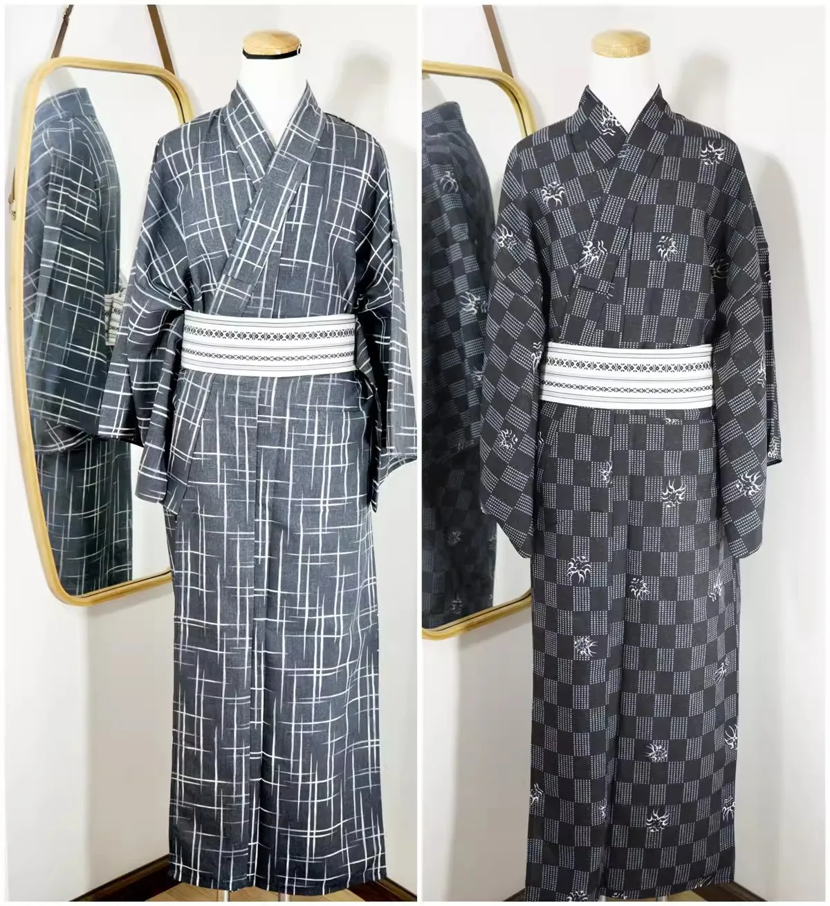 

Japanese Traditional Men's Kimono Yukata with belt Robe Formal Japanese Cotton Bathrobe Pajamas Loungewear