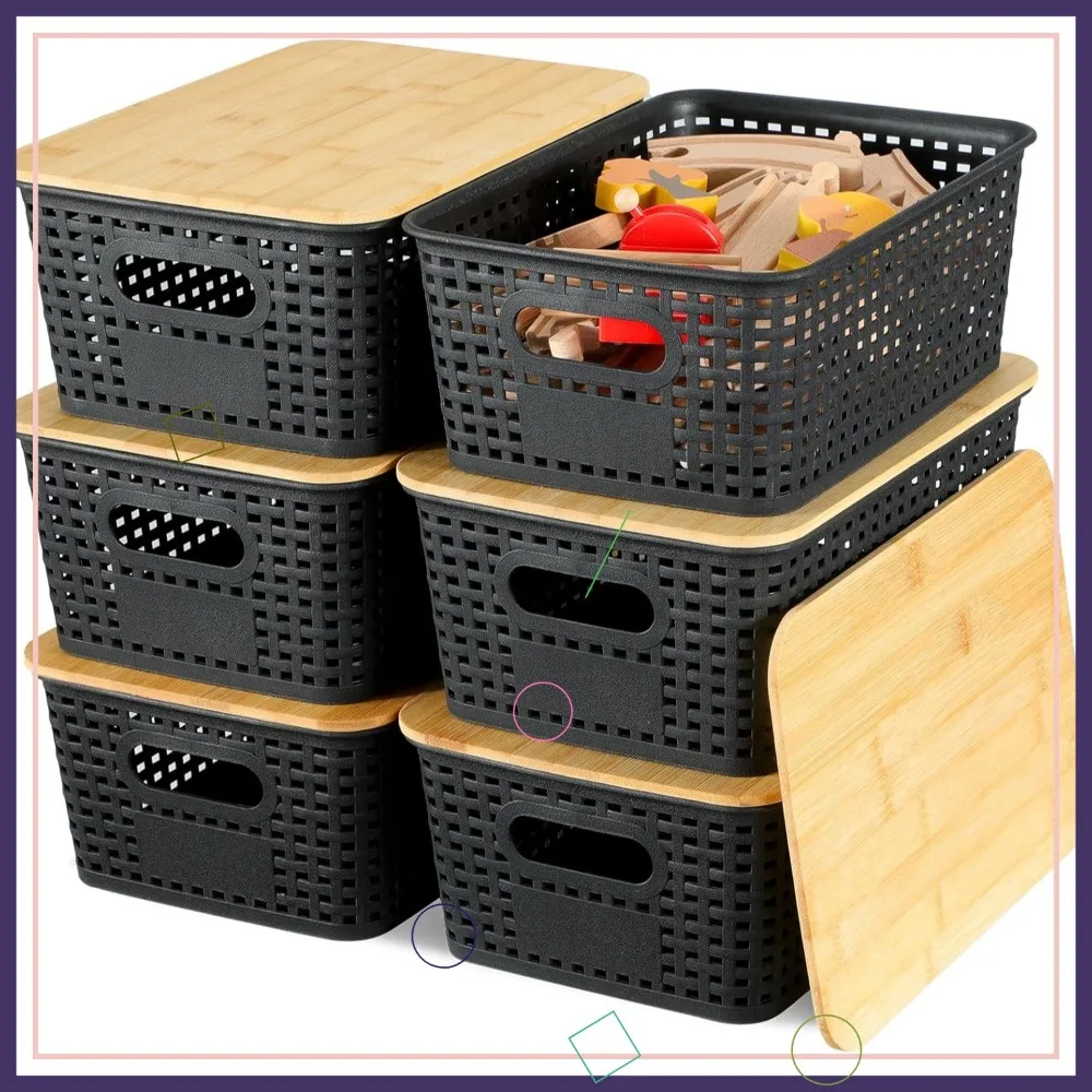 

6-Pack Bamboo Lid Storage Bins, Plastic Organizer Baskets for Home Office Shelves Drawers, Black