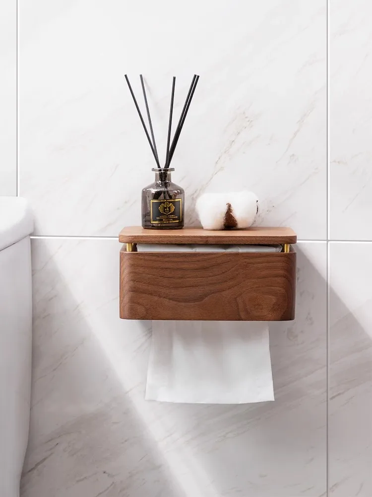 Natural Walnut wood Tissue Box Bathroom Toilet Wall-mounted Without The Need For Drilling Tissue Box Shelf Decoration Tissue Box