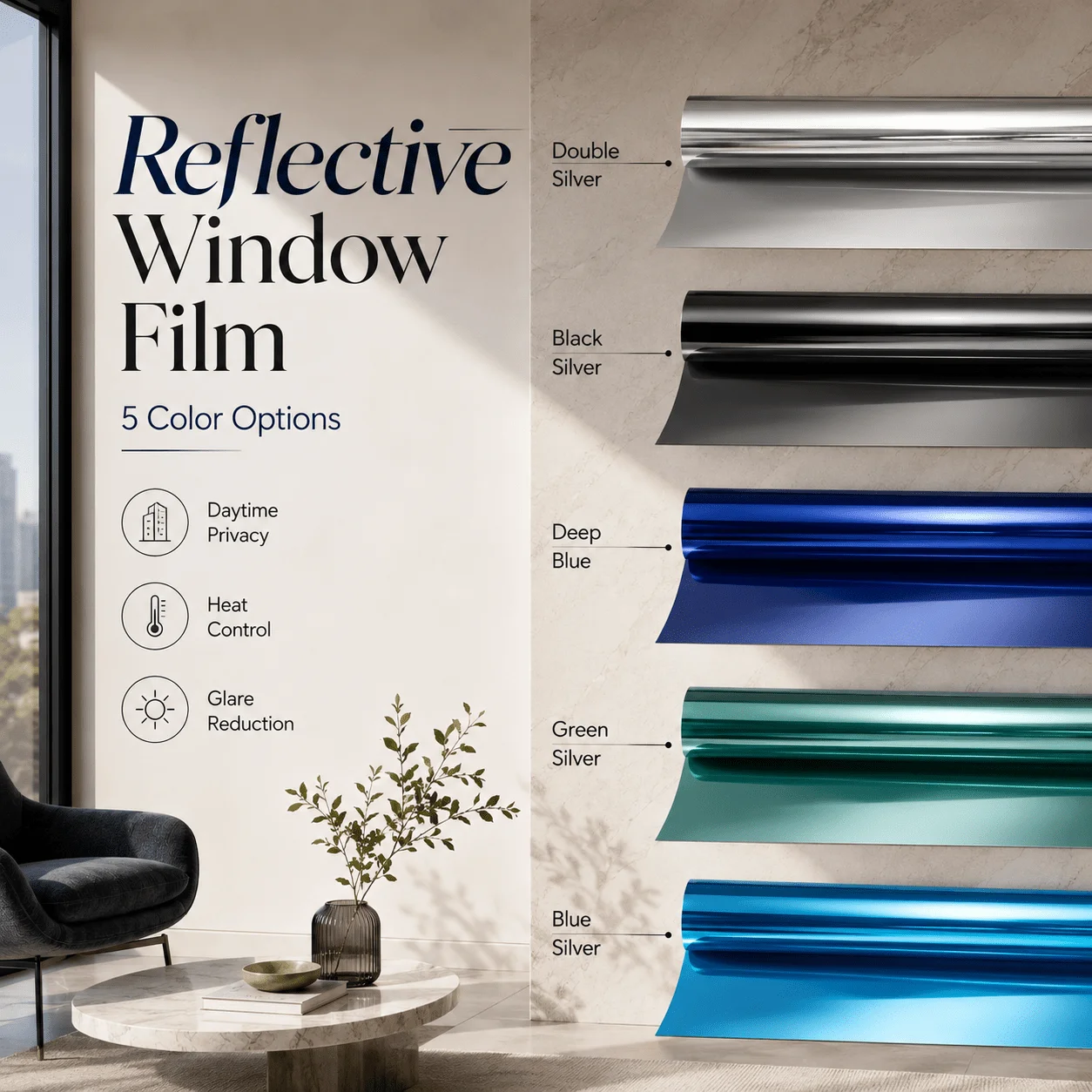 One Way Mirror Privacy Window Film Roll Static Cling No Glue Heat Block UV Block Anti Glare for Home Office Door