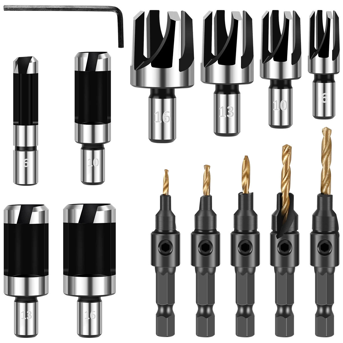 1/5 sets Woodworking Countersink Drill Bit Steel#5,6,8,10,12Tapered Drill Bit with Hex Shank Drilling Tool Carpentry Reamer Tool