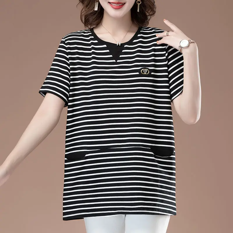 Striped Street Casual Loose Tops Summer New O-neck Short Sleeve Loose Pockets All-match T Shirts Vintage Trend Women Clothing