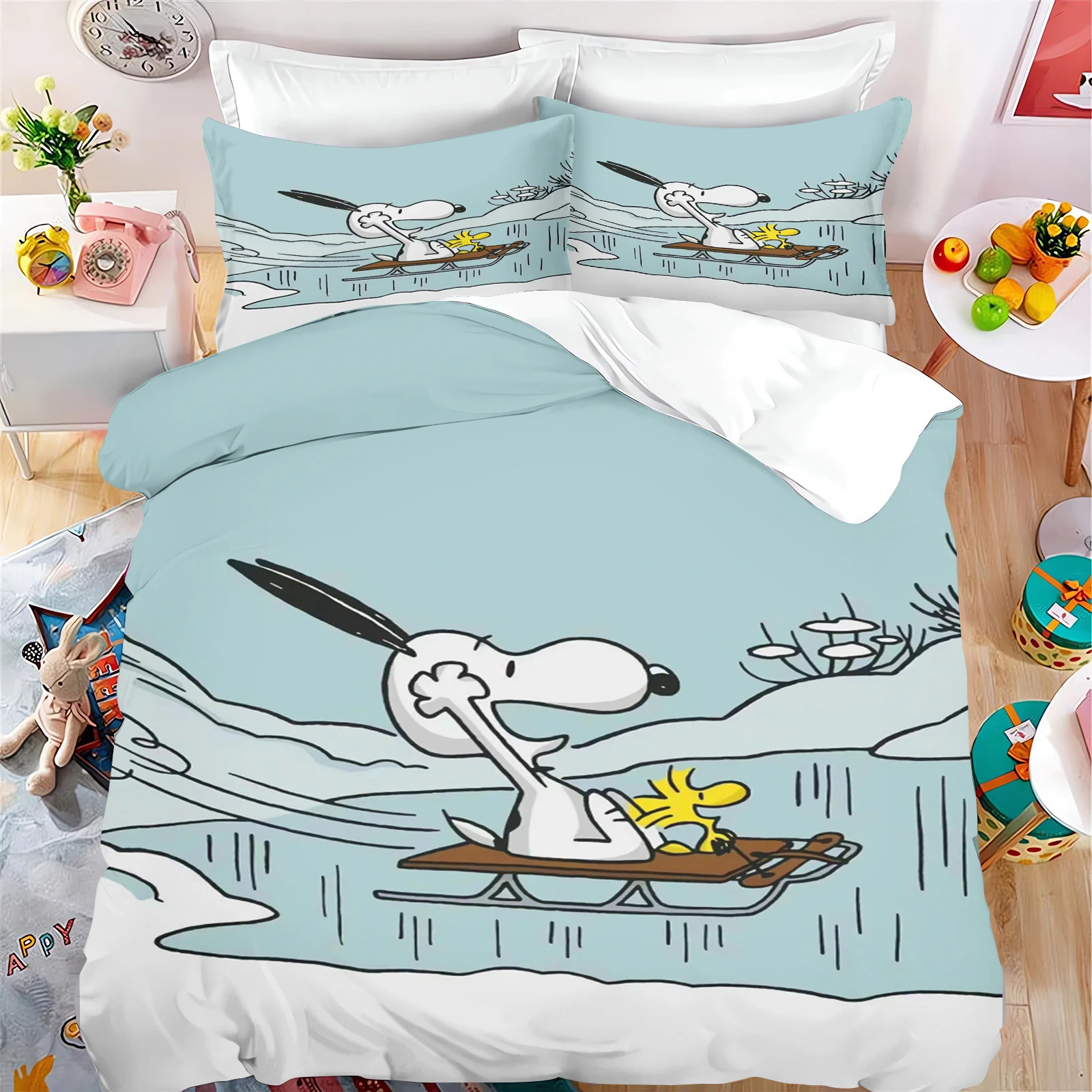 Snoopy Cartoon Dekbedovertrek Leuke Gedrukt Kinderen 3 Delige Set 1 Dekbedovertrek Trooster Beddengoed Sets King Queen Size