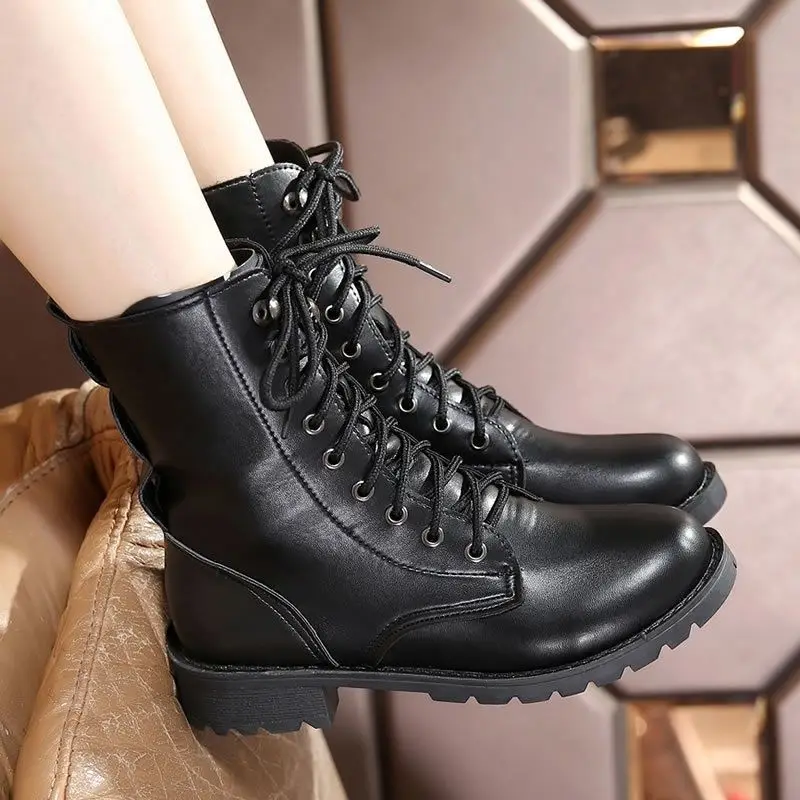 

Ladies Boots Elegant with Low Heels Footwear Biker Shoes for Women Mid Calf Black Work Half High Gothic Boot Goth Gyaru Y2k Hot