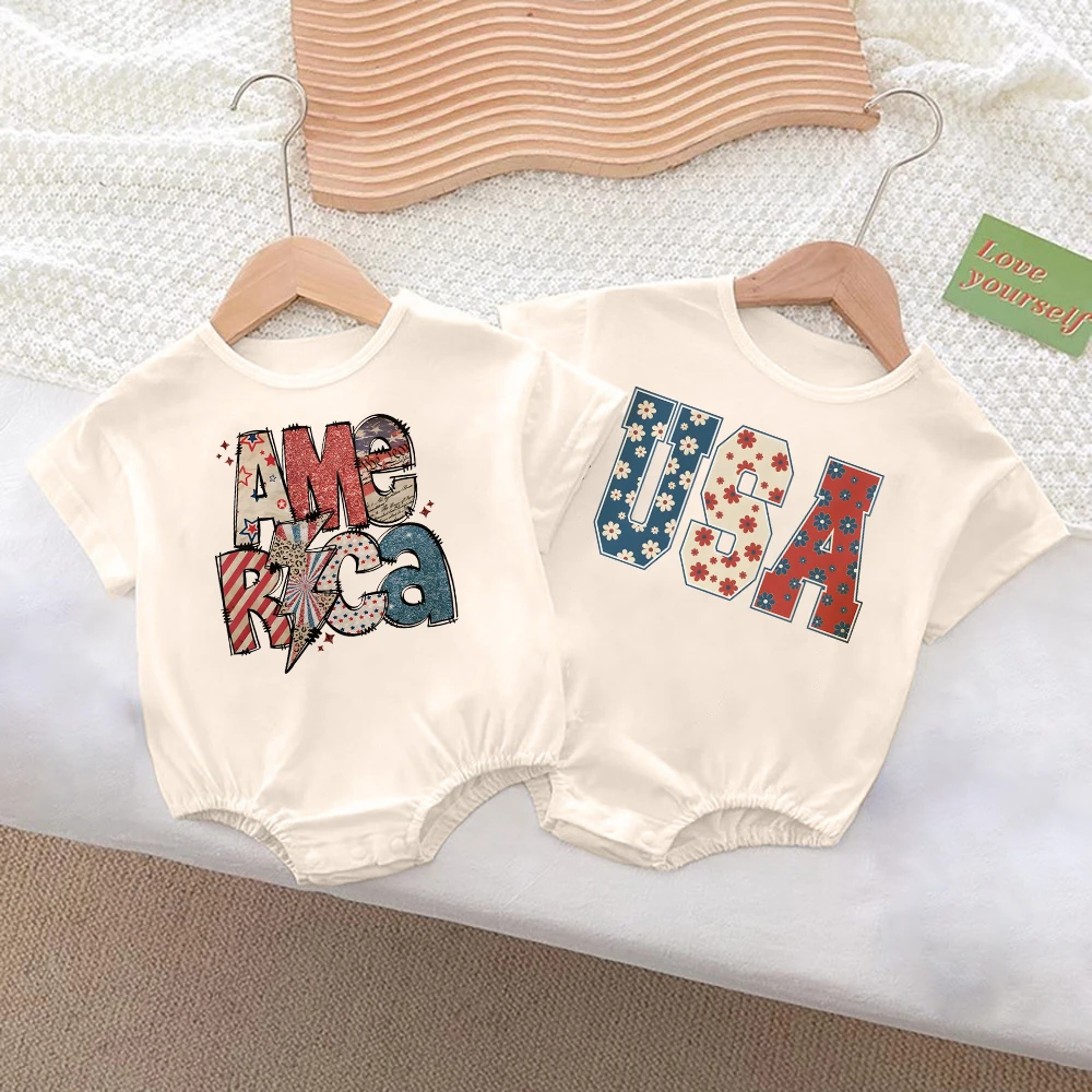 American Independence Day Print Baby Bubble Romper Casual Short Sleeve Oversize Infant Bodysuit Independence Day Summer Clothes