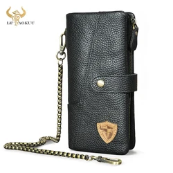 Hot Sale Quality Genuine Leather Travel Business Organizer Chain RFID Wallet For Men Long Zipper Male Purse Card Holder 1803