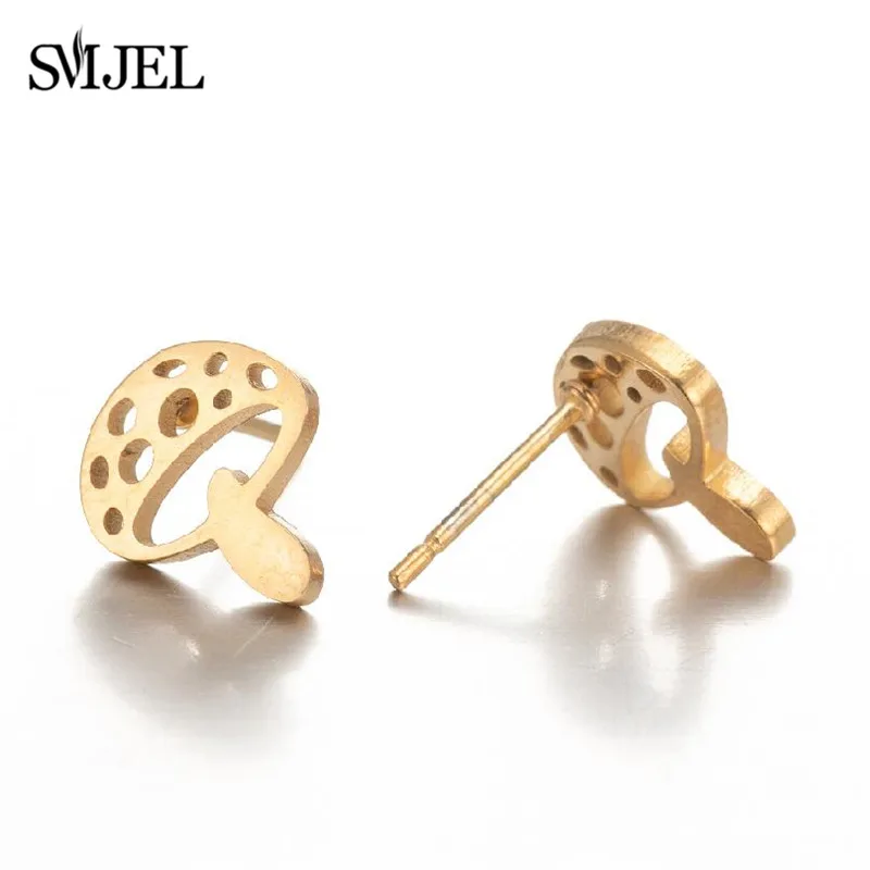 SMJEL Golden Korean Minimalist Stainless Steel Stud Earrings for Women Fashion 2024 Jewelry Cherry Mushroom Key Lock Studs Gift