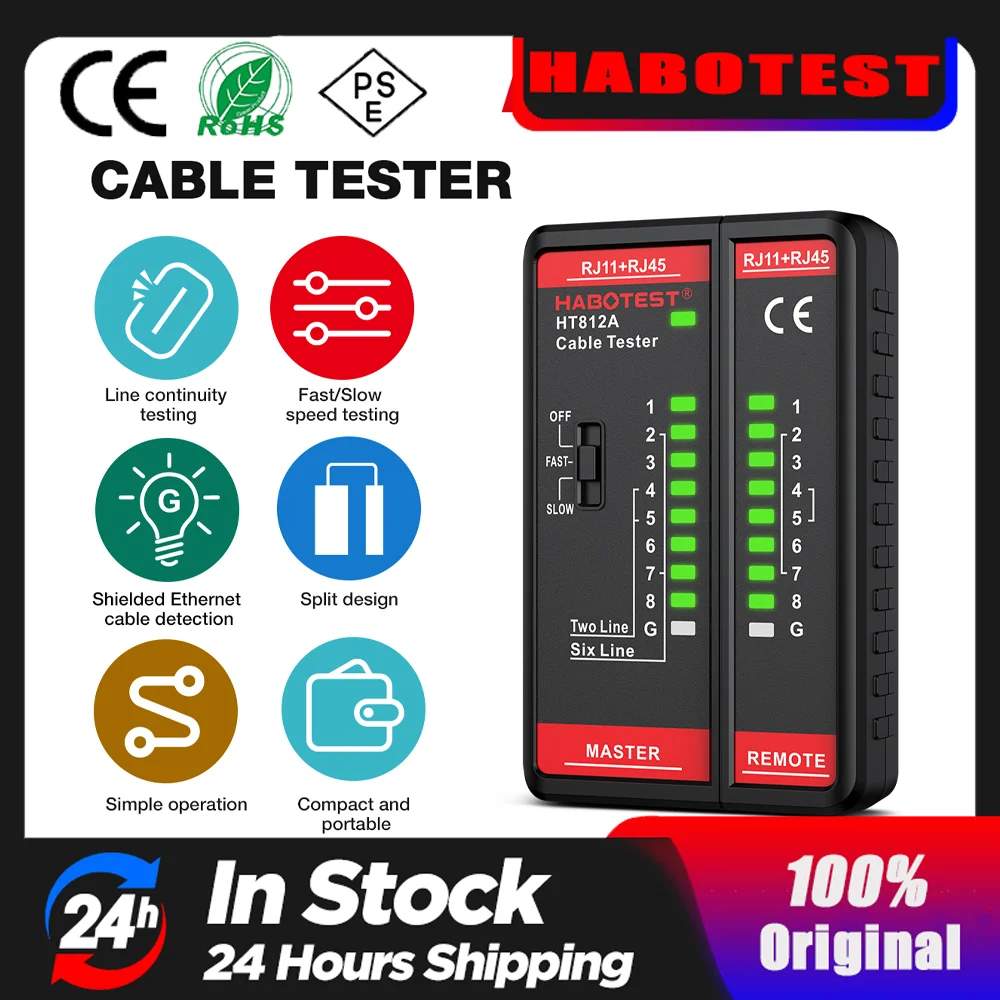 

HABOTEST HT812A Cable Tester Network Cable Tester RJ11 RJ45 Dual-use Tester LED Status Display NC/HDMI Repair