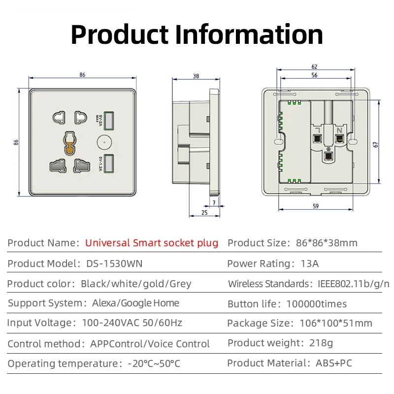 Tuya WiFi Zigbee Universal Wall Smart Socket Multi-function Power Plug Socket 13A USB Charge AC110V-250V With Alexa Google Home