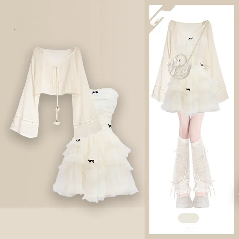 

Women Summer Sweet Sunscreen Shirts Lace Ball Mini Strapless Dress 1 or 2 Piece Set Lady Graceful Bowknot Dresses Tops Outfits