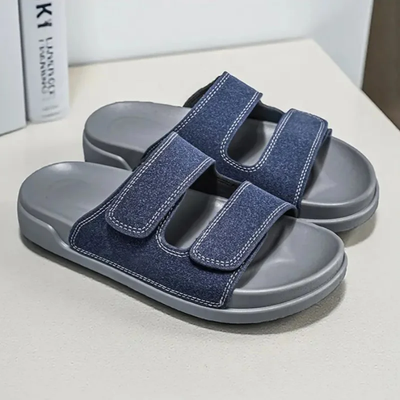 Unisex Summer Slip On Slides Double Strap Detail Hook and Loop Closure Thick Flat Sole Casual Beach Sandals Daily Footwear