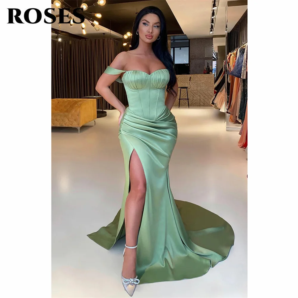 Rose Green Prom Dress Off The Shoulder abito da sera a sirena con pieghe abito da festa in raso corsetto con spacco laterale Cocktail 프