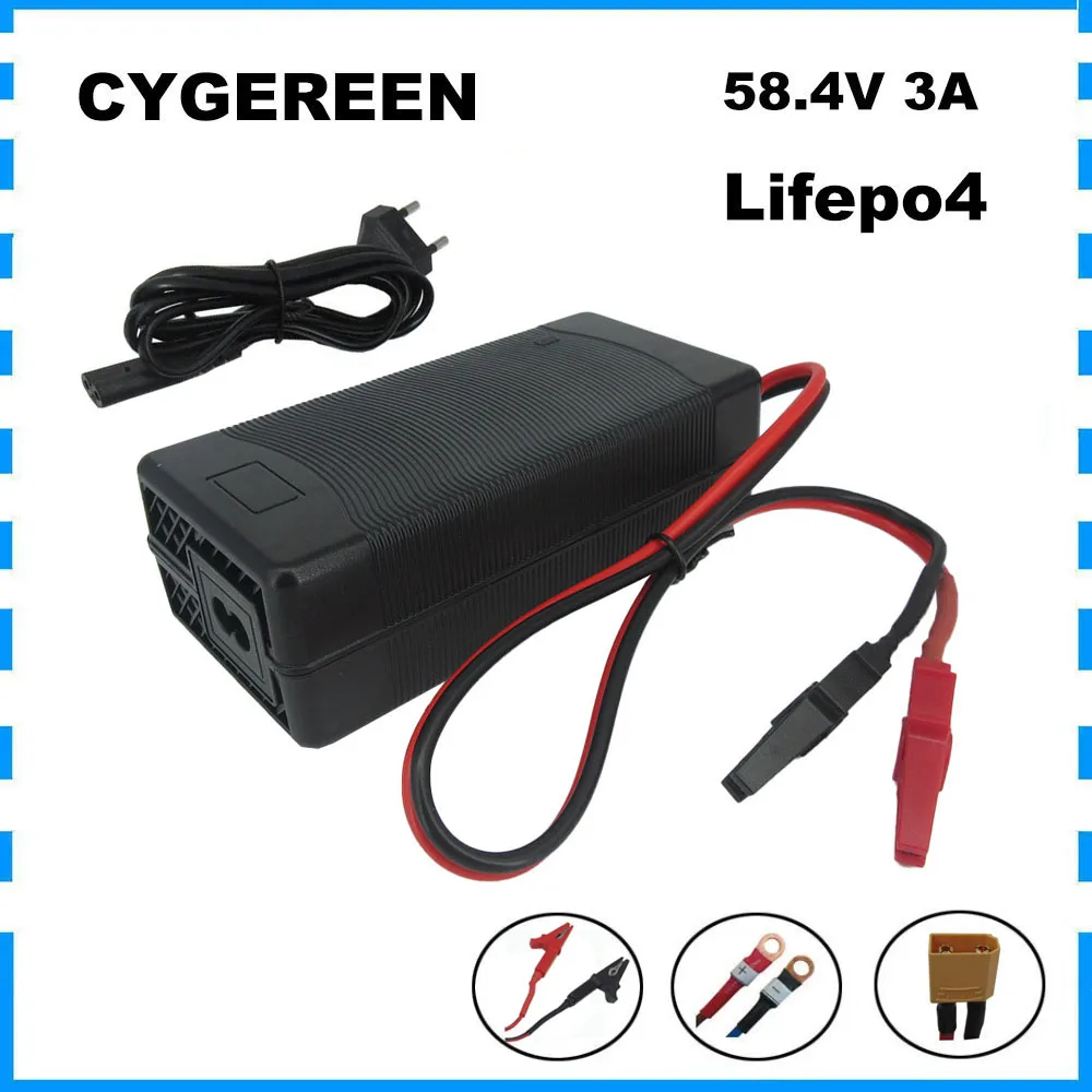 58.4V 3A Lifepo4 Battery Fast Charger 48V 3A 16S 20AH 30AH Iron Phosphate LFP Solar System Charger Alligator Clip XT60 XT90