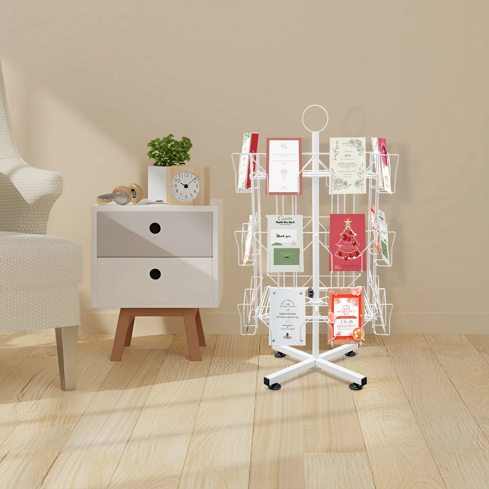 

Free Standing White Greeting Card Rack, Display Stand Spinning, Pocket Holder Suitable for Classrooms, Offices, Libraries