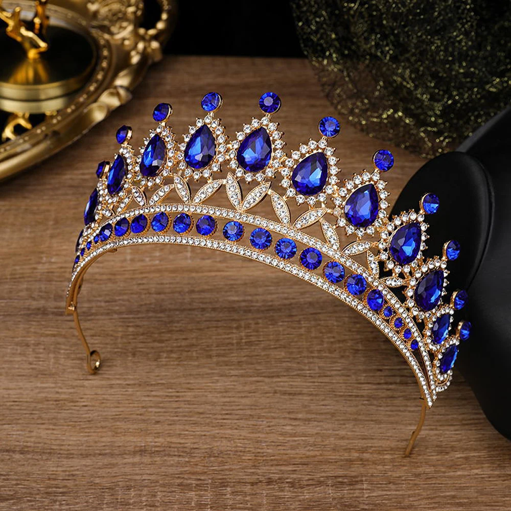 Luxury Royal Blue Pink Crystal Water Drop Bridal Tiaras And Crown Prom Diadem For Wedding Dubai Women Hair Jewelry