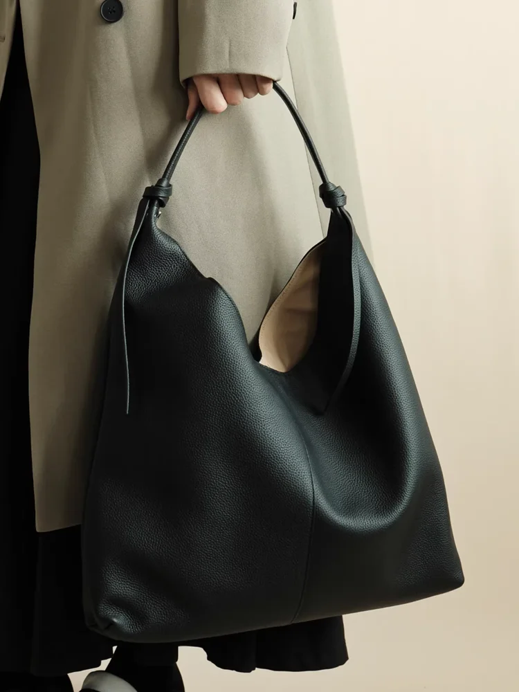 Fashion Casual Underarm Bag Genuine Leather Women Tote Bag\\Handbag Simple Real Leather Lady Shoulder Bag Commuter Bag Large