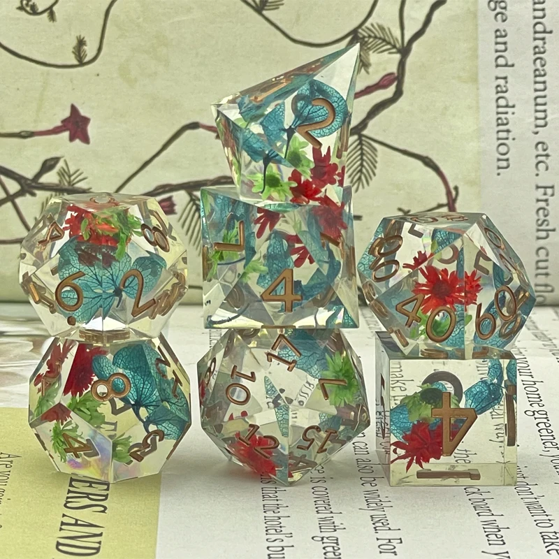 7Pcs Resin material dice Dried flower series Polyhedral multi-color digital decorative game Party board game Entertainment dice