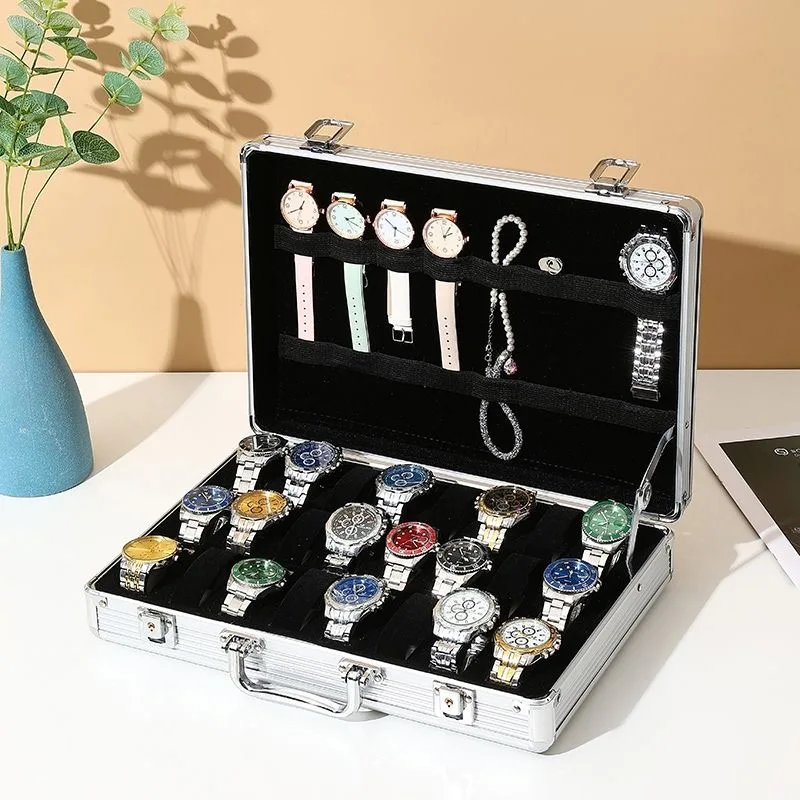 DELESYS 6/12/24 Slots Large Capacity Silver Color Aluminum Alloy Watch Storage Box Multi-Purpose Metal Storage Box With Lock