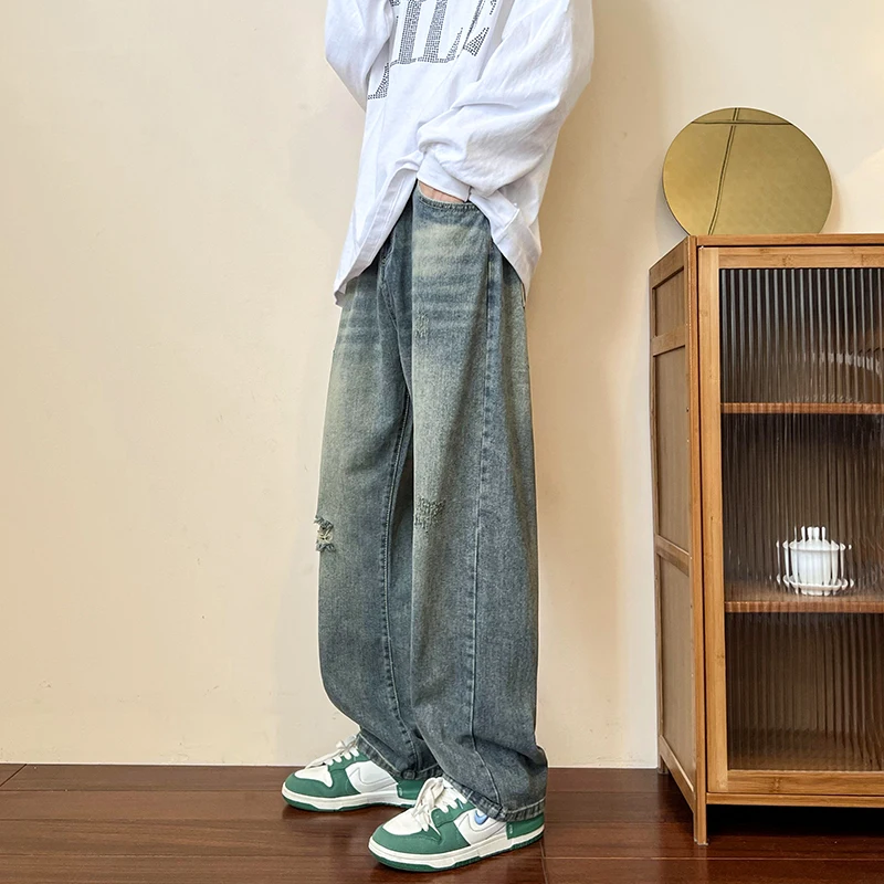 Jeans Men Chic Ins Summer Straight Loose Casual Denim Trousers All-match Streetwear Korean Style Full Length Popular College New