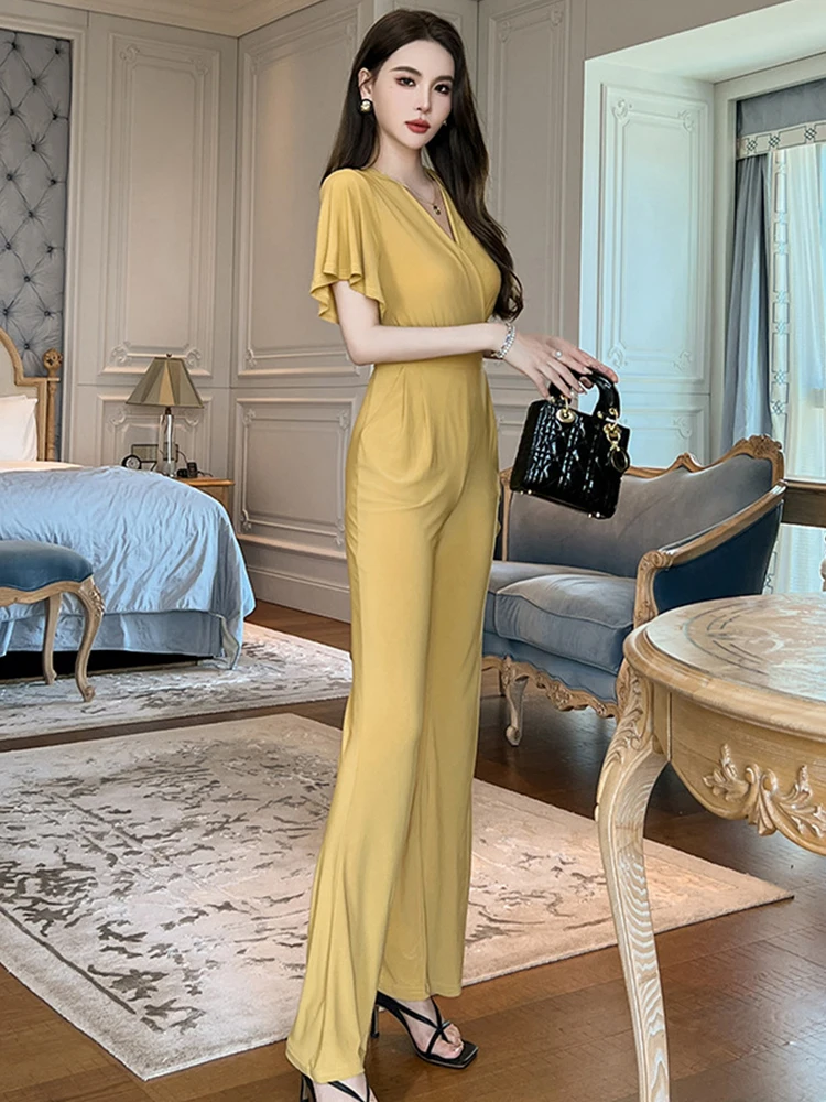 Elegant Sweet Maxi Jumpsuit Women OL Professiona Yellow Short Pockets High Waist Long Pants Female Street Party Rompers Mujer