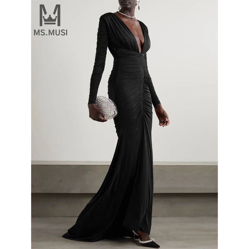 

MSMUSI 2024 New Fashion Women Sexy Solid Deep V Draped Fold Long Sleeve Bodycon Party Club Event Slit Slim Maxi Dress Long Gown