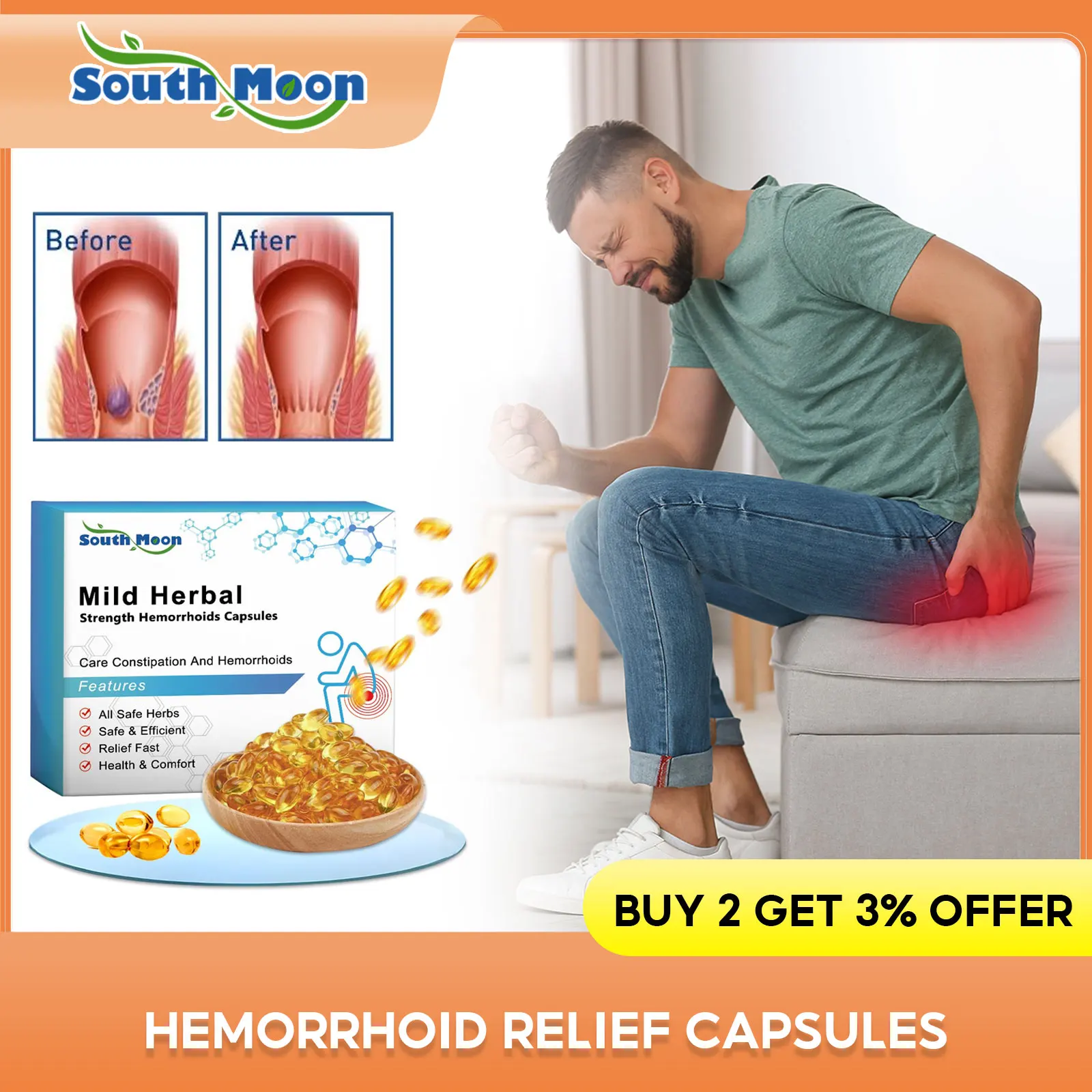 Травяные капсулы от геморроя, облегчение анальных трещин, боль, набряки кровотечения, улучшение запоров, средство для ухода за внутренним внешним геморроем
