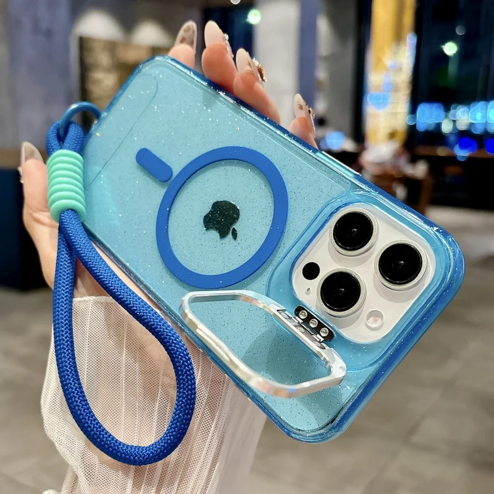 

Clear Glitter Fold Lens Stand Holder Magnetic Case For iPhone 16 15 14 Plus 13 12 11 Pro Max 16E For Magsafe Wrist Strap Cover