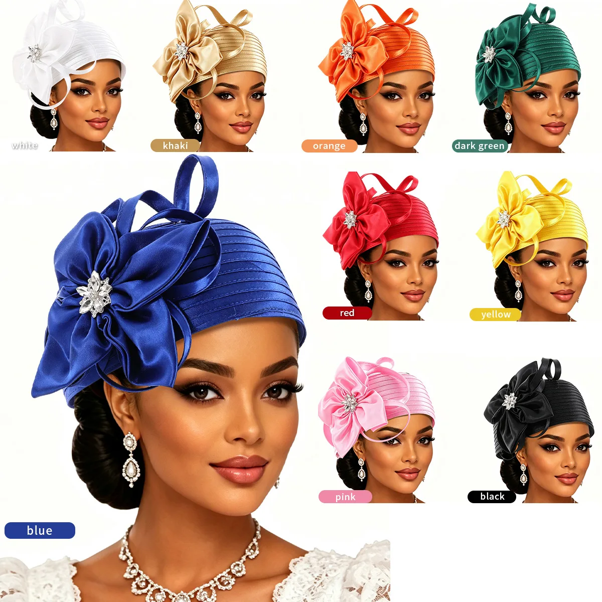 Luxury African Geles Women Hijab Flower Bonnet Rhinestone Turban Hat Pleated Head Wrap Formal Wedding Church Tea Party Headwear