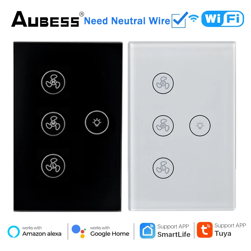 Aubess US WiFi Fan Light Switch Neutral Wire Need Ceiling Fan Lamp Switch Tuya Smart Life APP Works With Alexa Google Home