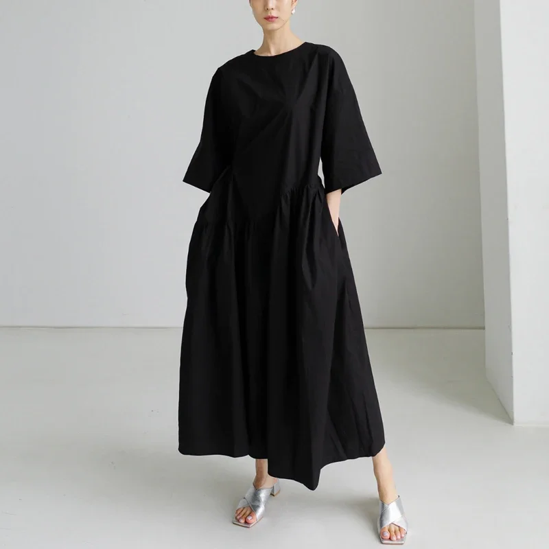 Summer New Plus Size Casual Black Half Sleeve Women's Dress A Line Maxi Skirt Loose Fit Slimming Korean Style Streetwear Dress view 3