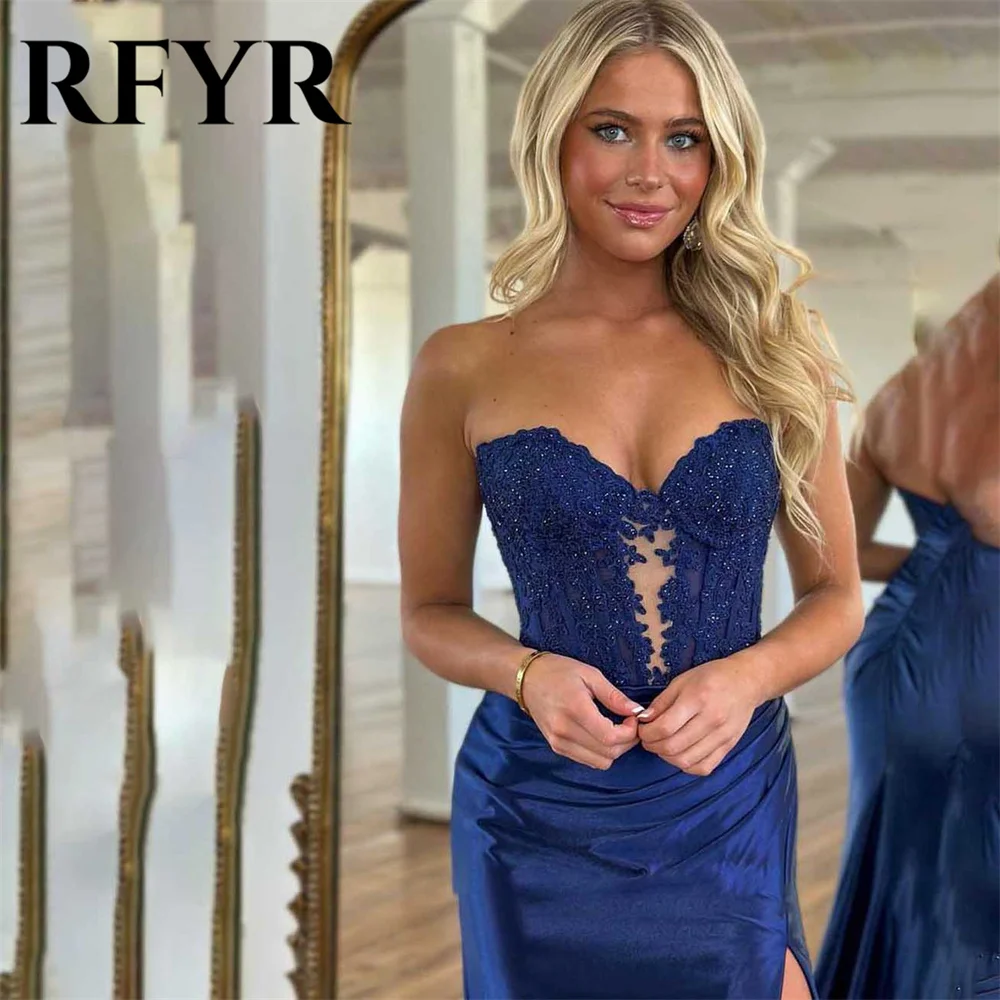 RFYR Blue Prom Dresses Trumpet Sweeheart Evening Dresses Sleeveless Satin Party Dress with High Split Pleats Vestidos De Noche