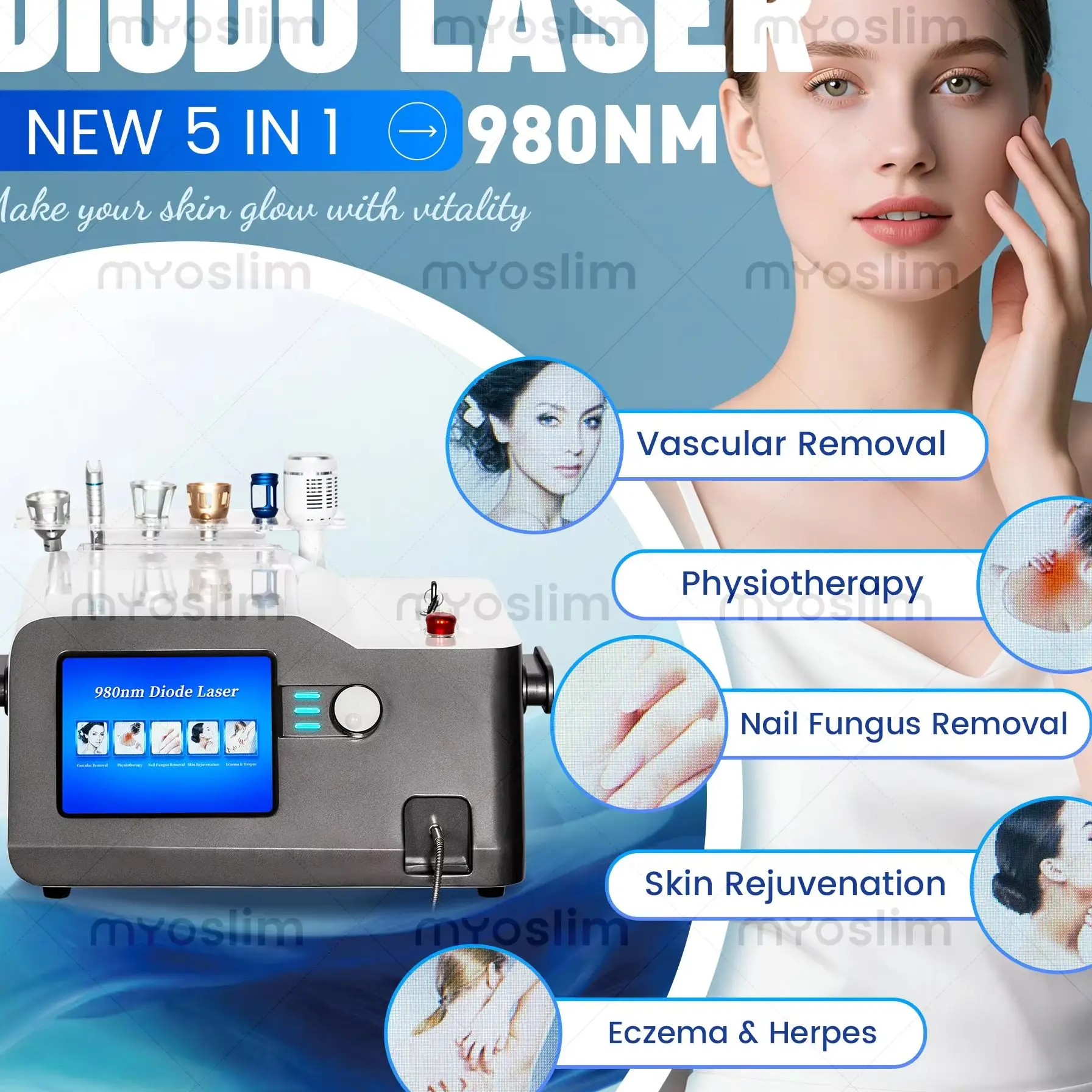 5 in 1 980nm Diode Laser Vascular Removal Machine Remove Spider Veins 980 Diode Laser Blood Vessels Removal Nail Fungus