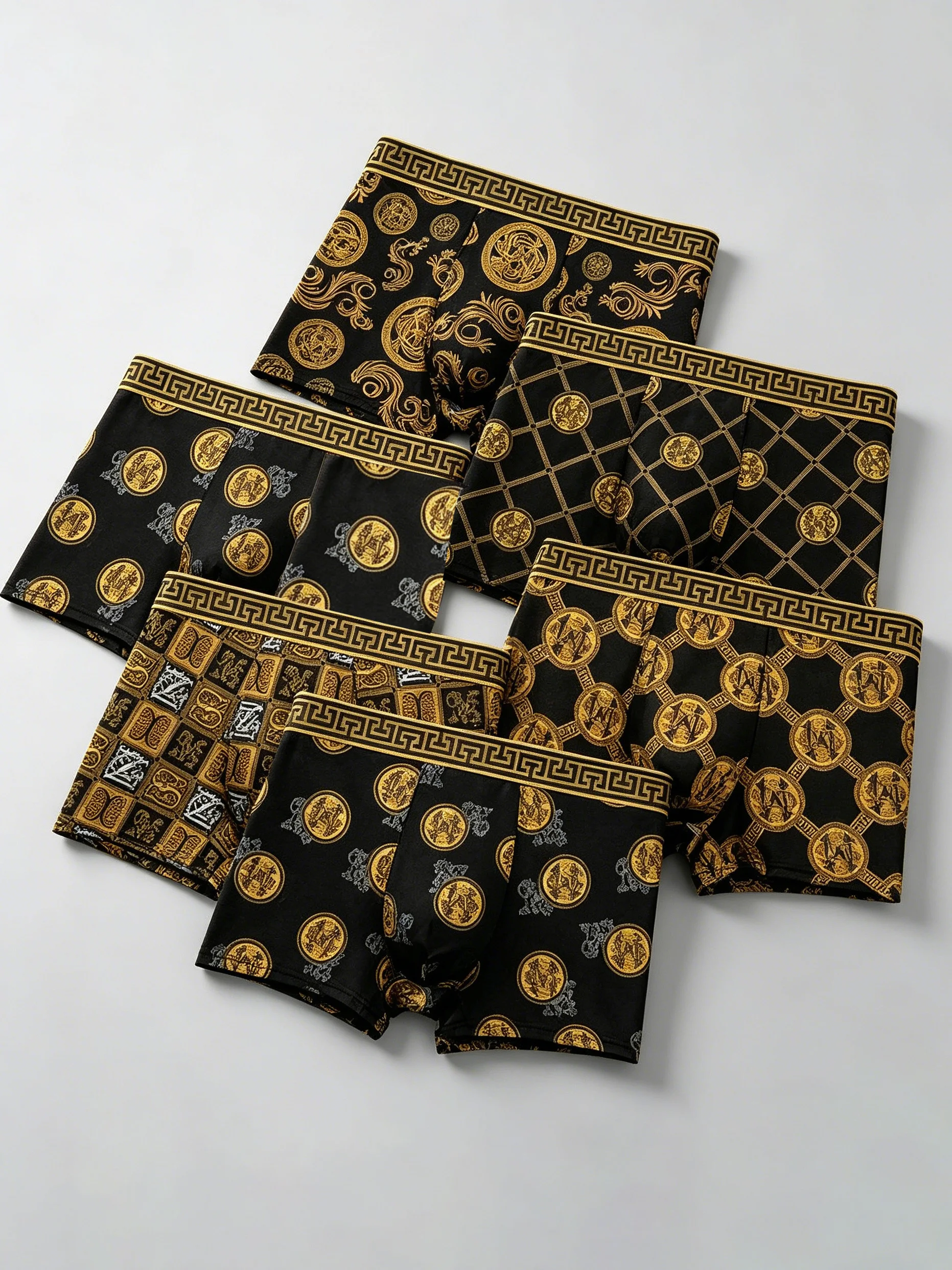 5 Piece Set Of Men's Black Gold Printed Boxer Shorts, Summer Breathable And Comfortable Underwear, Men's Casual Underwear