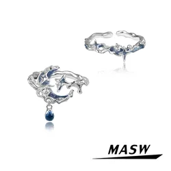 MASW Original Design Cool High Quality Brass Thick Silver Plated Blue Star Moon Rings For Women Jewelry Party Wedding Gift