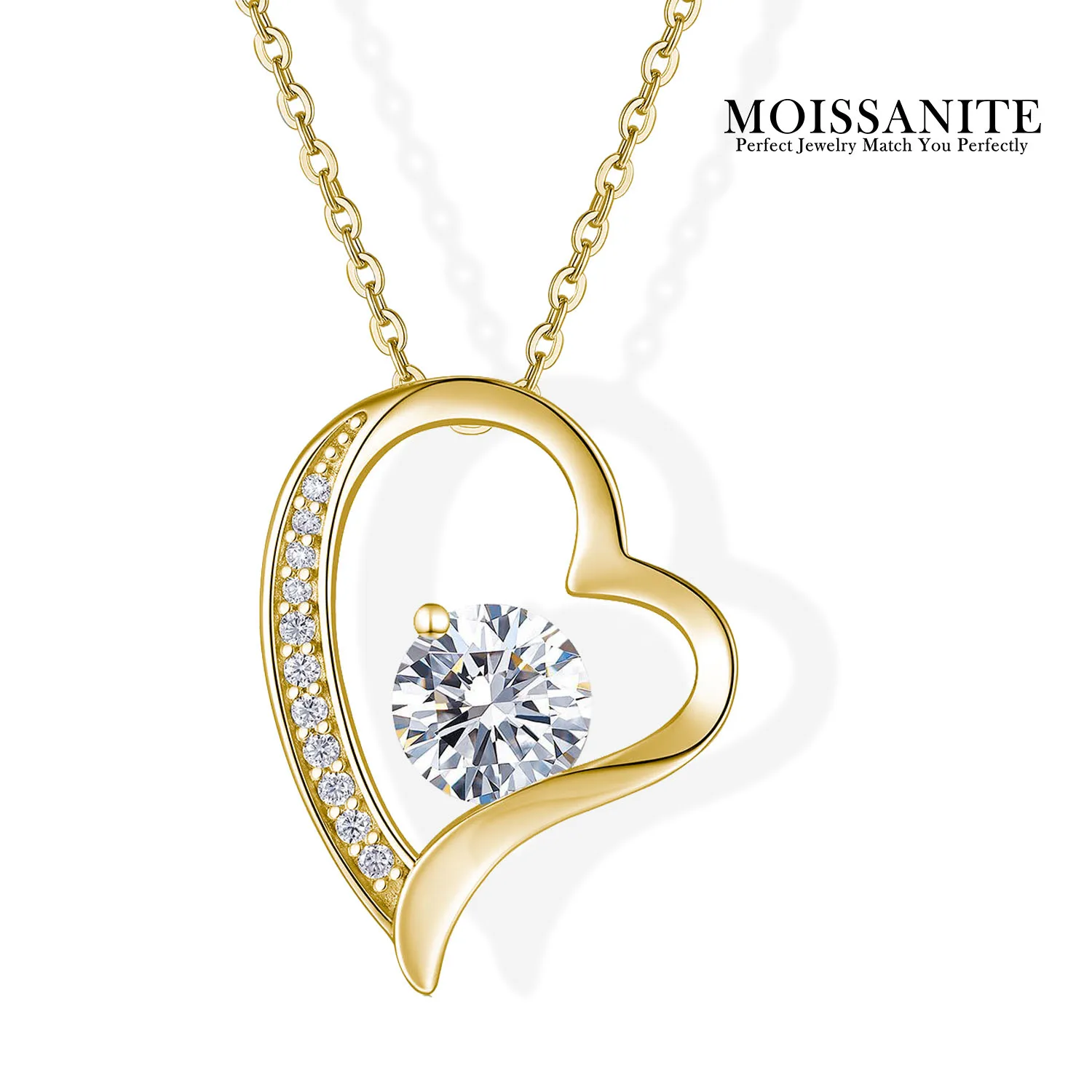 

1.076CTW Heart Moissanite Pendant Necklace 925 Silver 18K Gold Plated Round Center with Pavé Side for Women Gift