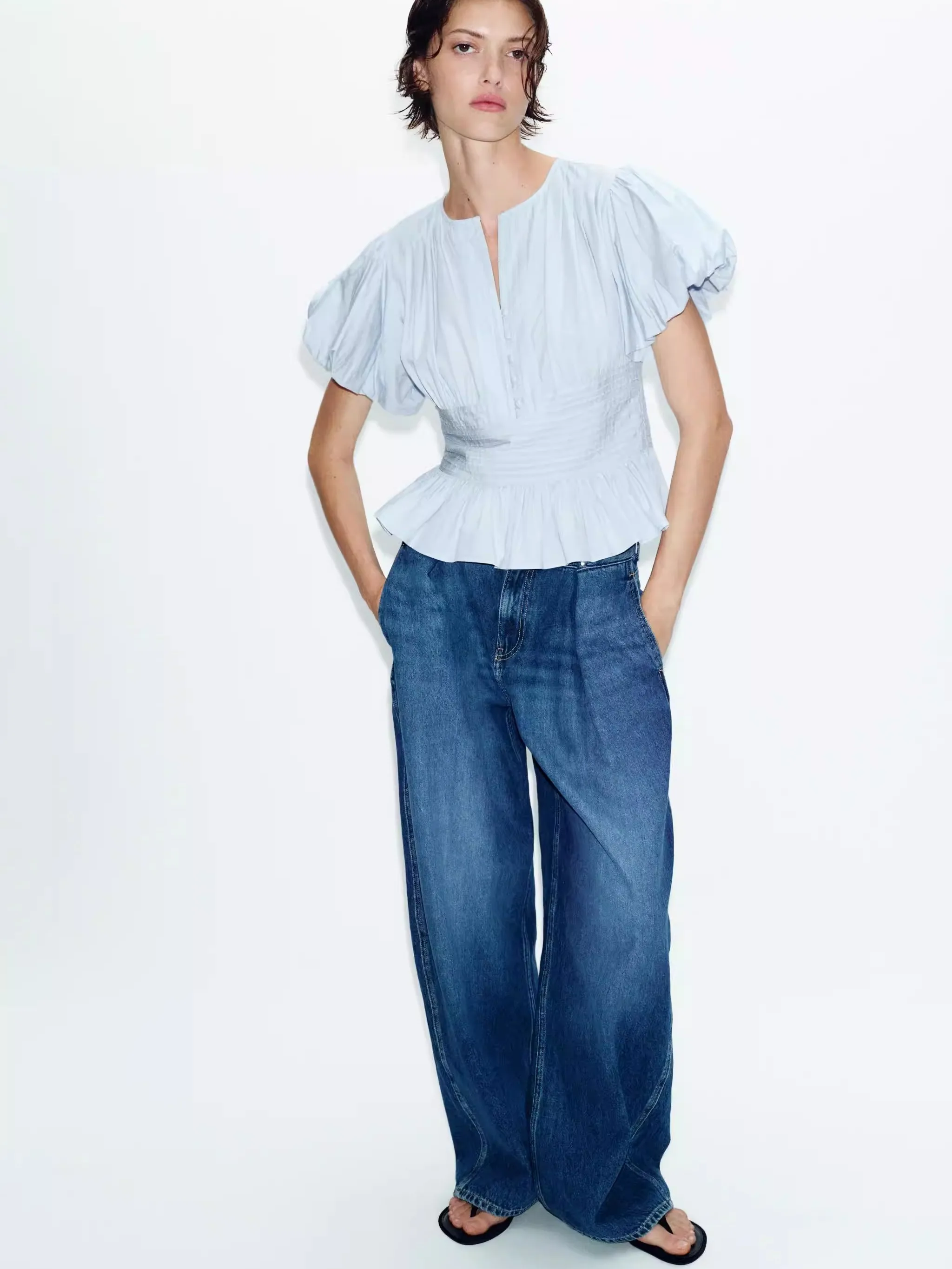 

Sweet round Neck V Neck Puff Sleeve Shirt New Summer Women's Fashion 20-50 Years Old Suitable Ethnic Costume Stage Costume