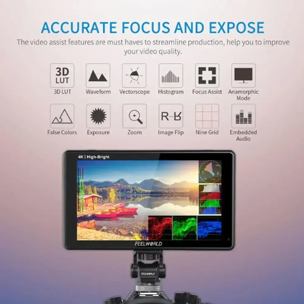 شاشة Feelworld LUT6E مقاس 6 بوصات 1600nit IPS 4K HDMI I/O 1920x1080 شاشة لمس ثلاثية الأبعاد تيار مستمر خارج 8.4 فولت لـ DSLR