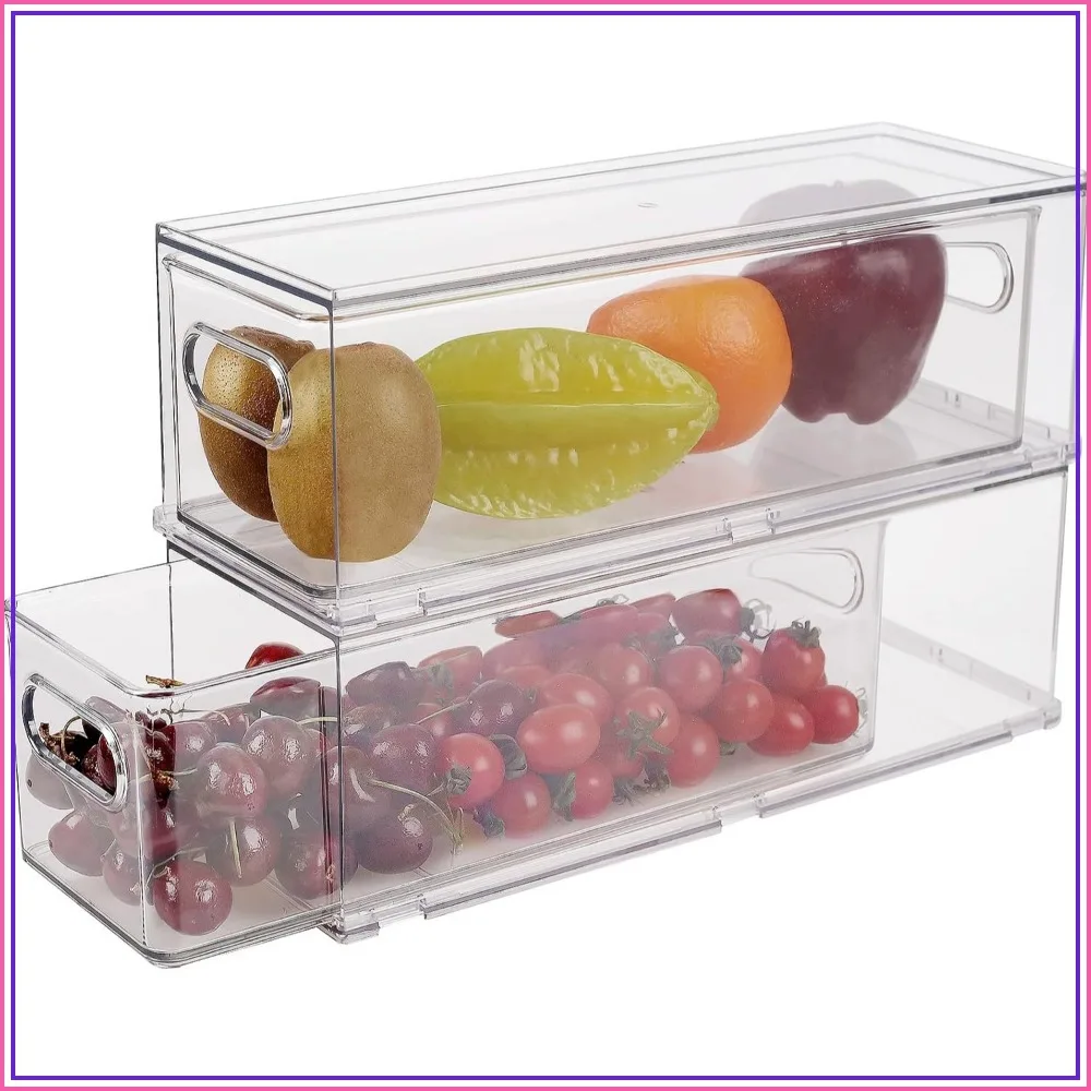 Stackable Fridge Organizer Bins with Pull-Out Drawer, Clear BPA-Free Storage for Kitchen Pantry Cabinet