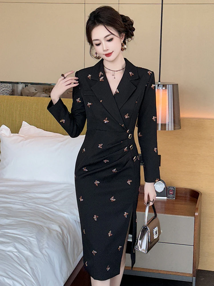 Fashion Elegant Formal Dresses Women Business Clothes Professional Black Butterfly Embroidered Folds Slit Robe OL Work Vestidos