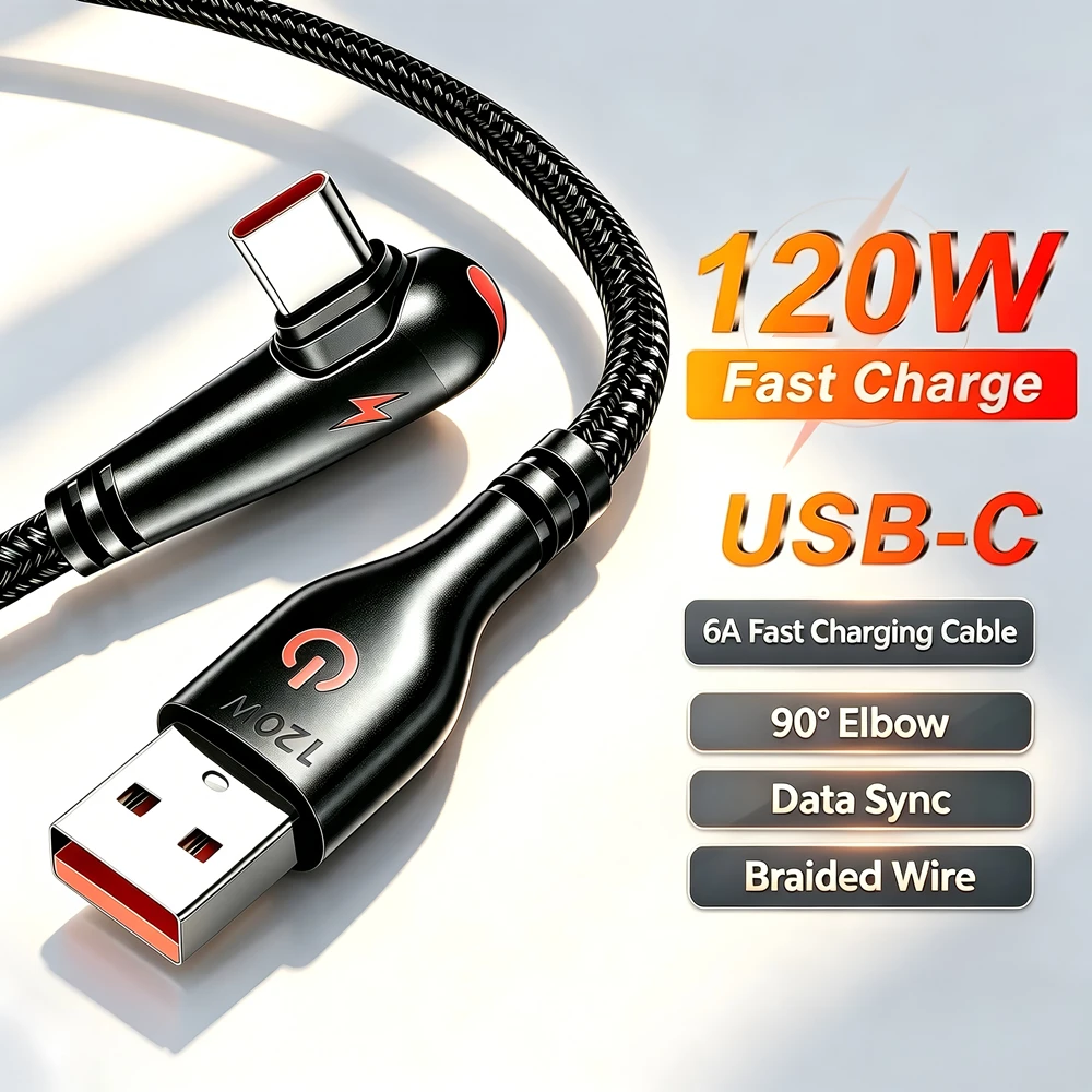 90° Elbow Super Fast Charging Cable USB Type-C For iPhone 15 16 17 Samsung Xiaomi Redmi Huawei Honor Quick Charge Data Cable