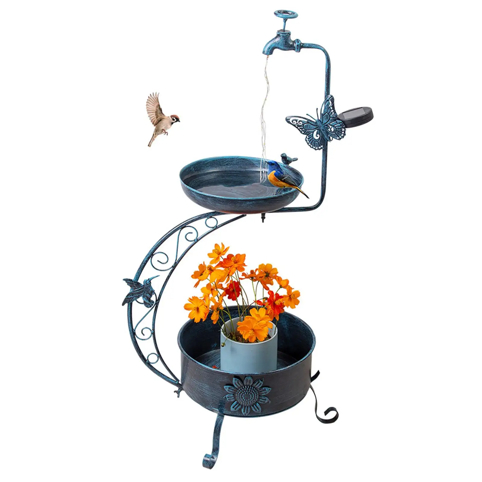 Heavy Duty Iron Bird Bath for Outside with Solar Lighting Flower Planter Bird Feeder Outdoor Garden Birds Bath Ornament