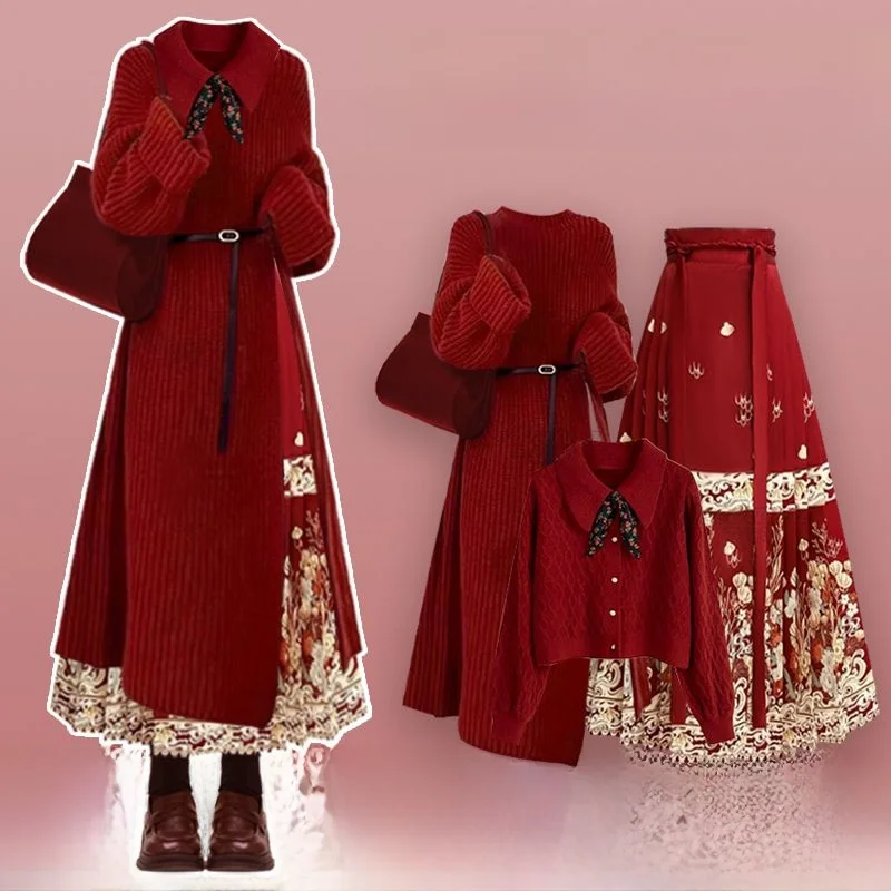 

Christmas Atmosphere Long Sweater Red Skirt Three-piece Set Anti-Aging Winter Fashion Women's Ensemble Traditional Chinese Style