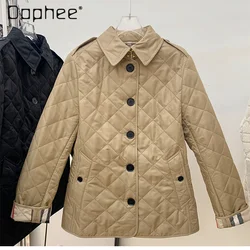 British Style Parkas for Women Rhombus Cotton Single-breasted Lapel Jacket Retro Slim Cuffed Coats Solid Winter Outwear