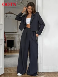 OOTN Dark Gray Notched Ladies Office Pants Sets Two Pieces Blazers Tops And Baggy Pants Business Casual Women Outfit Autumn 2024